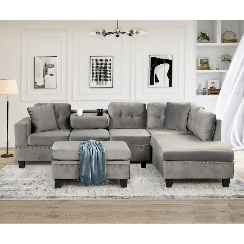 Canapé d'angle moderne Roomfitters avec ottomane de rangement, méridienne réversible, deux oreillers et porte-gobelet