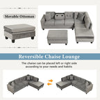 Canapé d'angle moderne Roomfitters avec ottomane de rangement, méridienne réversible, deux oreillers et porte-gobelet