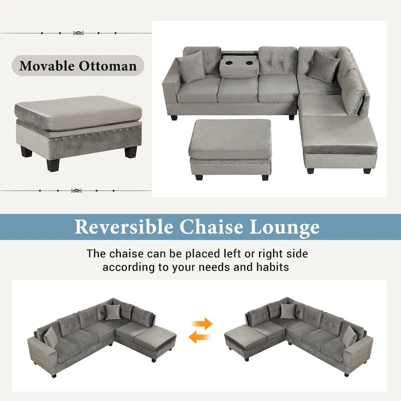 Canapé d'angle moderne Roomfitters avec ottomane de rangement, méridienne réversible, deux oreillers et porte-gobelet