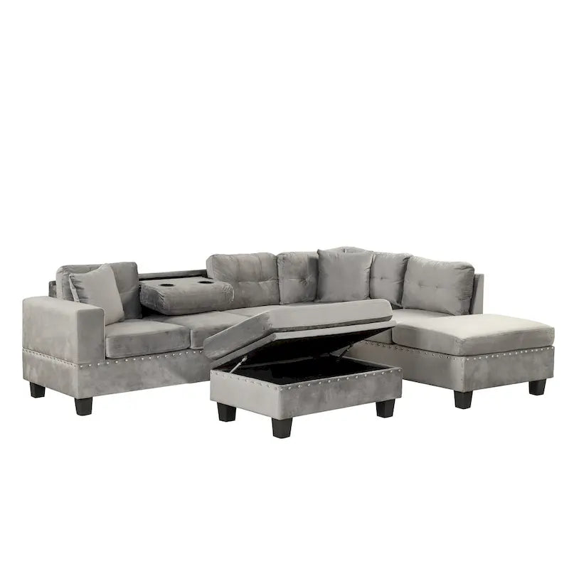 Canapé d'angle moderne Roomfitters avec ottomane de rangement, méridienne réversible, deux oreillers et porte-gobelet