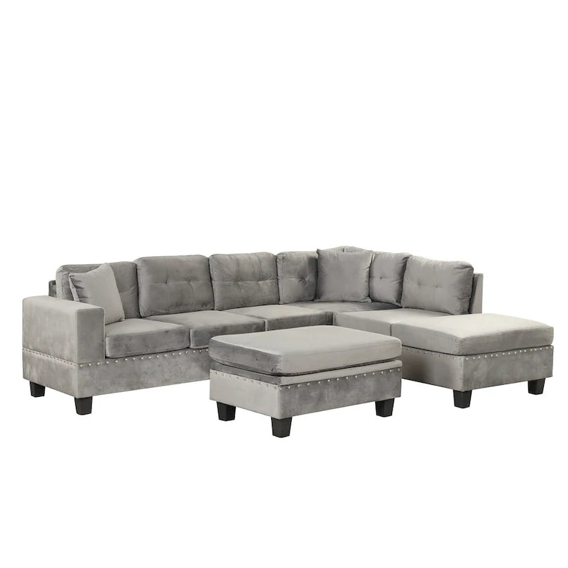 Canapé d'angle moderne Roomfitters avec ottomane de rangement, méridienne réversible, deux oreillers et porte-gobelet