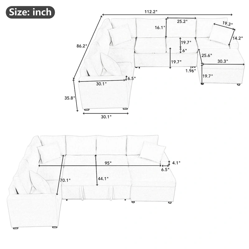 Canapé sectionnel convertible Roomfitters avec pouf de rangement, trois oreillers et chargeurs intégrés