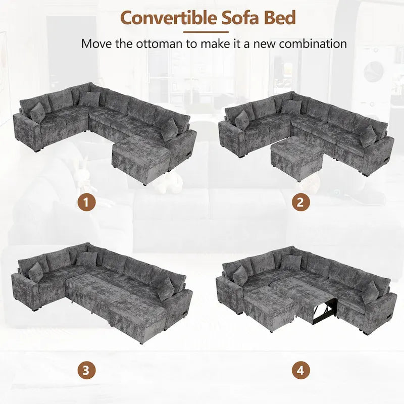 Canapé sectionnel convertible Roomfitters avec pouf de rangement, trois oreillers et chargeurs intégrés