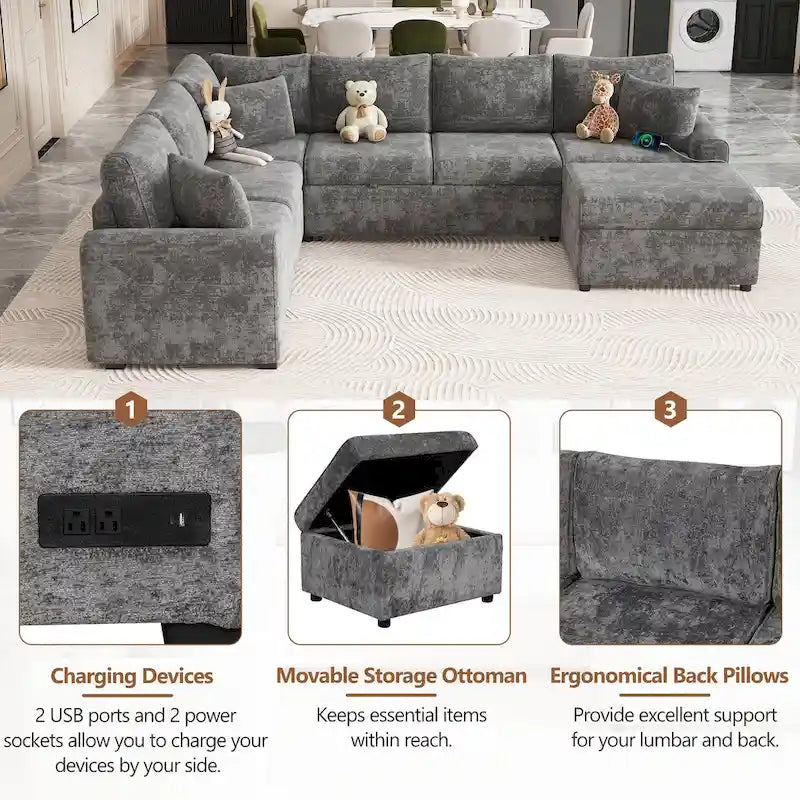 Canapé sectionnel convertible Roomfitters avec pouf de rangement, trois oreillers et chargeurs intégrés