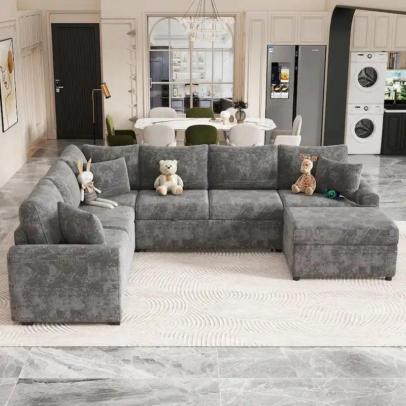 Canapé sectionnel convertible Roomfitters avec pouf de rangement, trois oreillers et chargeurs intégrés