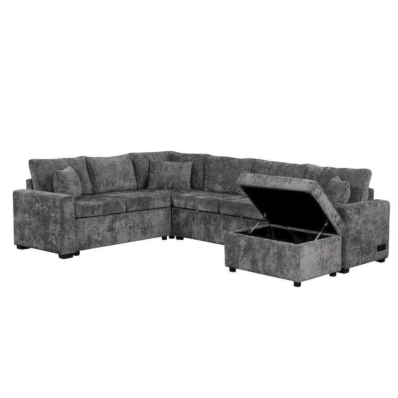 Canapé sectionnel convertible Roomfitters avec pouf de rangement, trois oreillers et chargeurs intégrés
