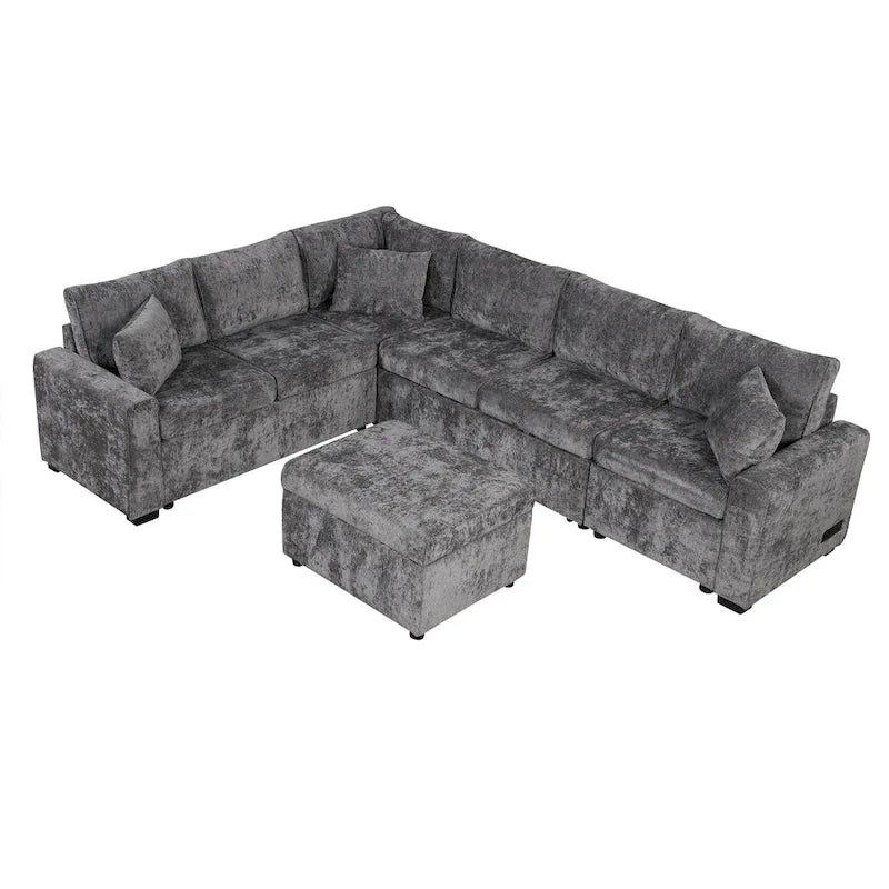 Canapé sectionnel convertible Roomfitters avec pouf de rangement, trois oreillers et chargeurs intégrés
