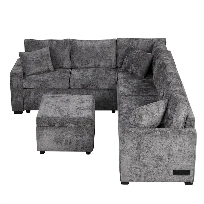 Canapé sectionnel convertible Roomfitters avec pouf de rangement, trois oreillers et chargeurs intégrés