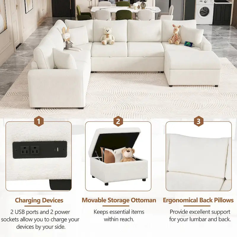 Canapé sectionnel convertible Roomfitters avec pouf de rangement, trois oreillers et chargeurs intégrés