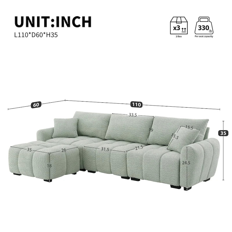 100 divani a L in tessuto bouclé con pouf mobile