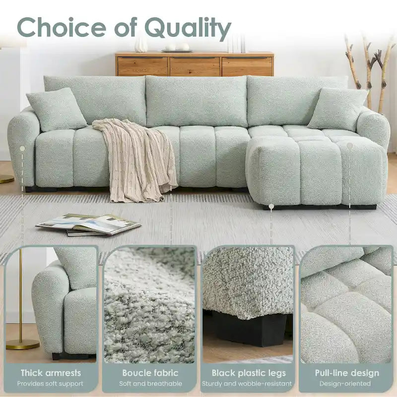 100 divani a L in tessuto bouclé con pouf mobile