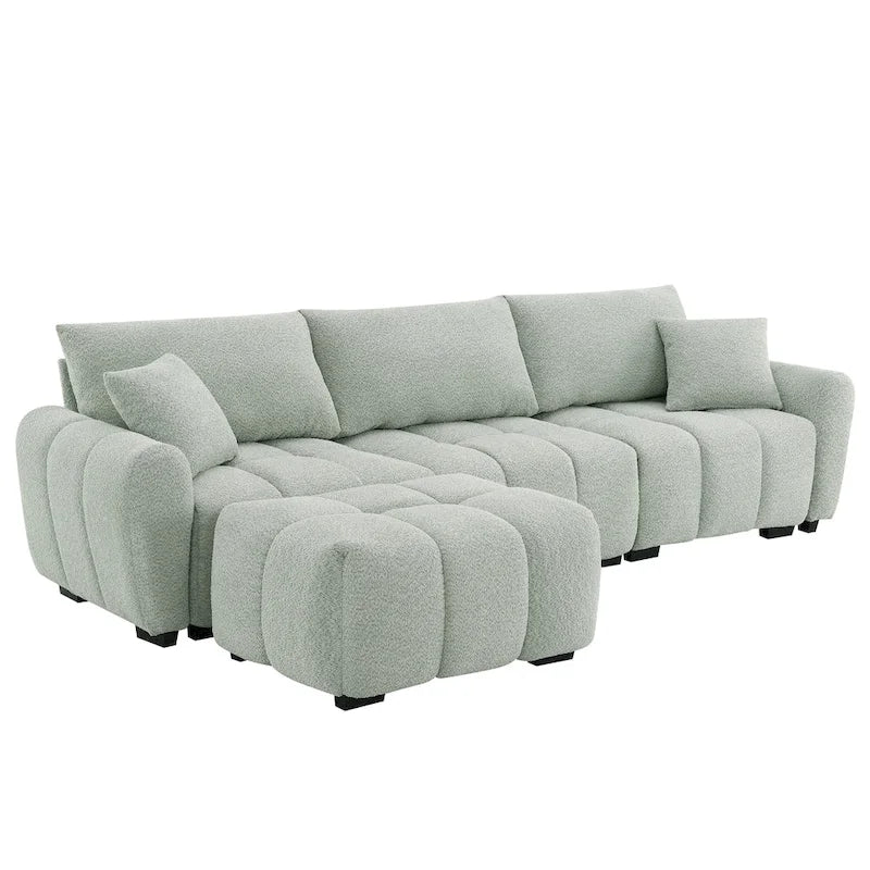 100 divani a L in tessuto bouclé con pouf mobile