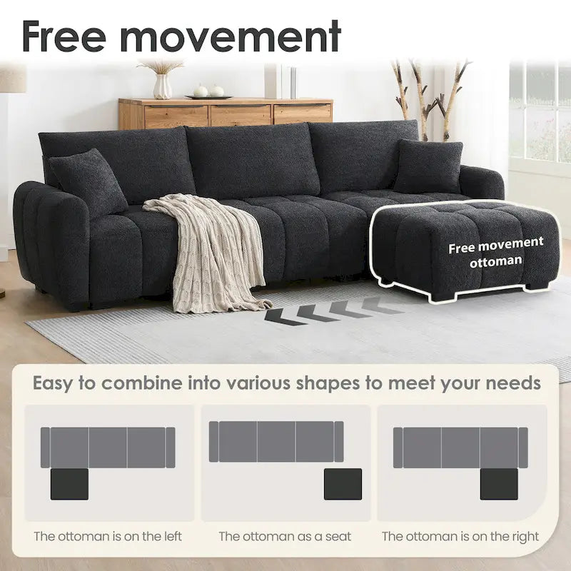 100 divani a L in tessuto bouclé con pouf mobile