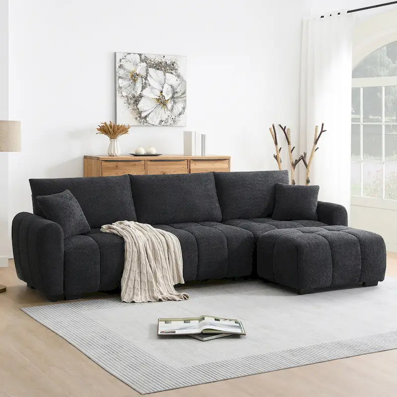 100 divani a L in tessuto bouclé con pouf mobile