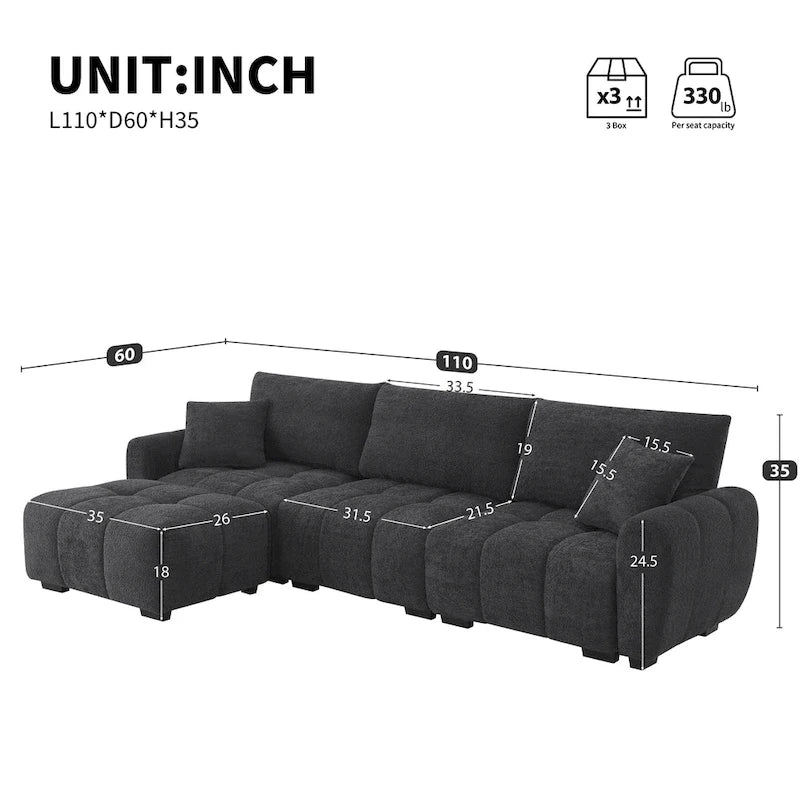 100 divani a L in tessuto bouclé con pouf mobile