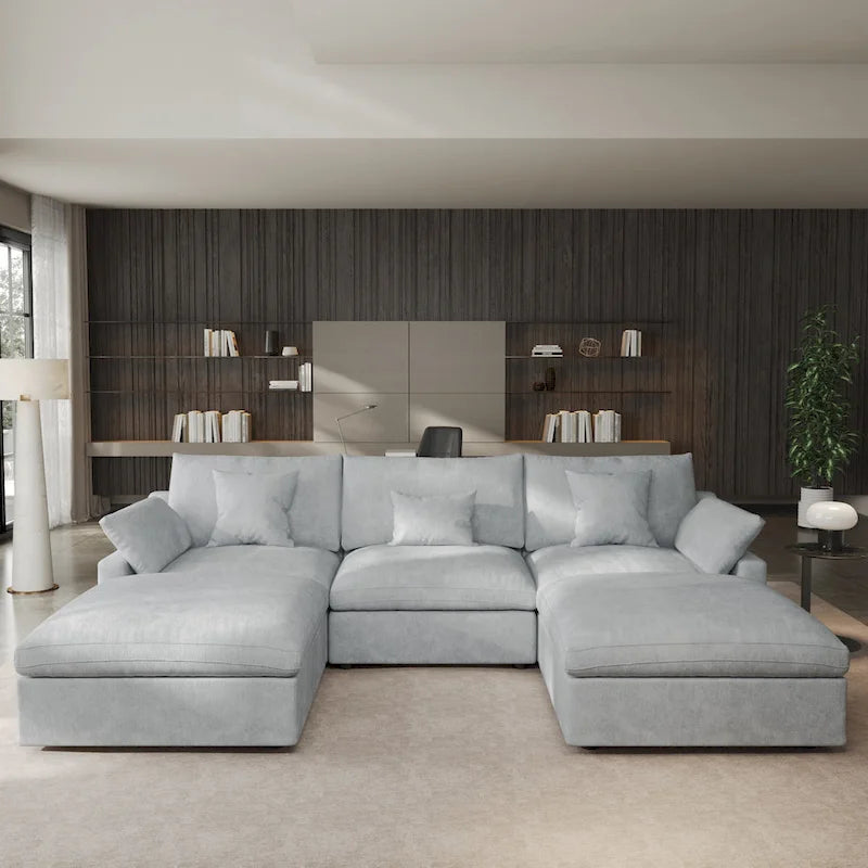 Divano componibile modulare classico moderno in lino a 3 posti con 2 pouf, divano a nuvola imbottito in piuma a forma di U con cuscini