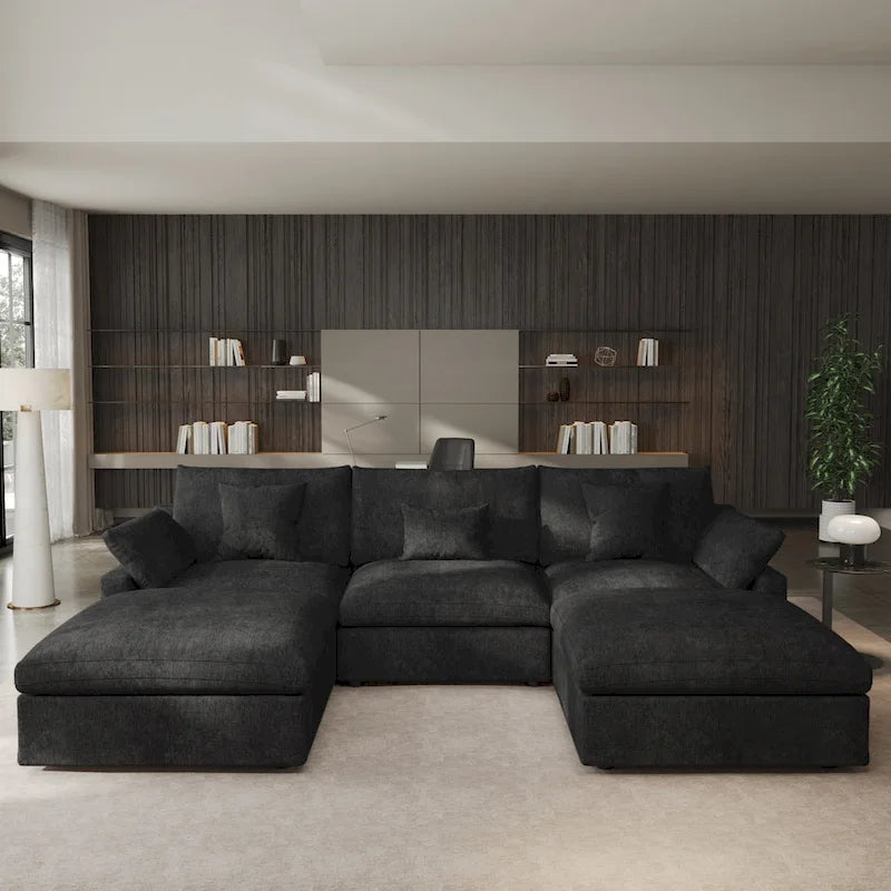 Divano componibile modulare classico moderno in lino a 3 posti con 2 pouf, divano a nuvola imbottito in piuma a forma di U con cuscini