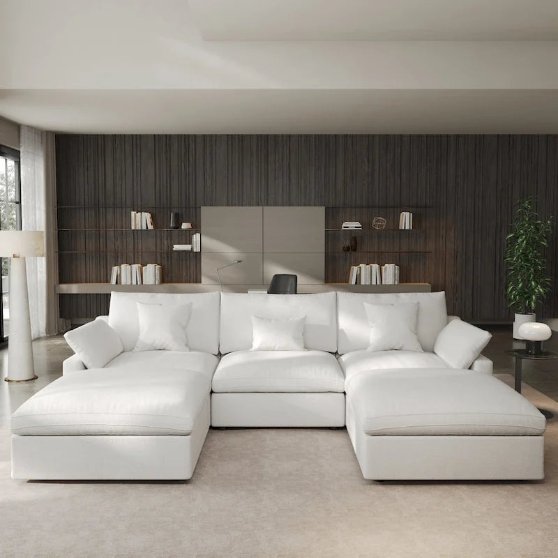 Divano componibile modulare classico moderno in lino a 3 posti con 2 pouf, divano a nuvola imbottito in piuma a forma di U con cuscini
