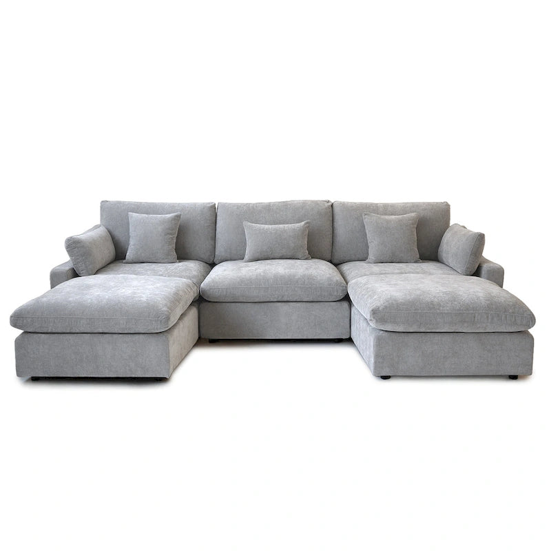 Divano componibile modulare classico moderno in lino a 3 posti con 2 pouf, divano a nuvola imbottito in piuma a forma di U con cuscini