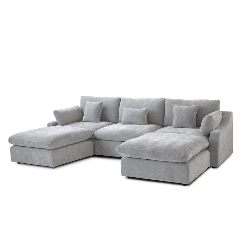 Divano componibile modulare classico moderno in lino a 3 posti con 2 pouf, divano a nuvola imbottito in piuma a forma di U con cuscini