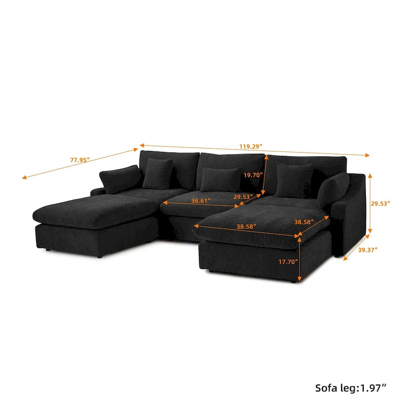 Divano componibile modulare classico moderno in lino a 3 posti con 2 pouf, divano a nuvola imbottito in piuma a forma di U con cuscini