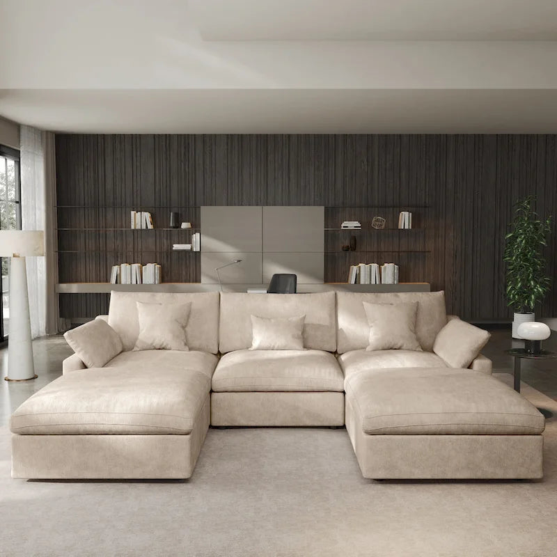 Divano componibile modulare classico moderno in lino a 3 posti con 2 pouf, divano a nuvola imbottito in piuma a forma di U con cuscini