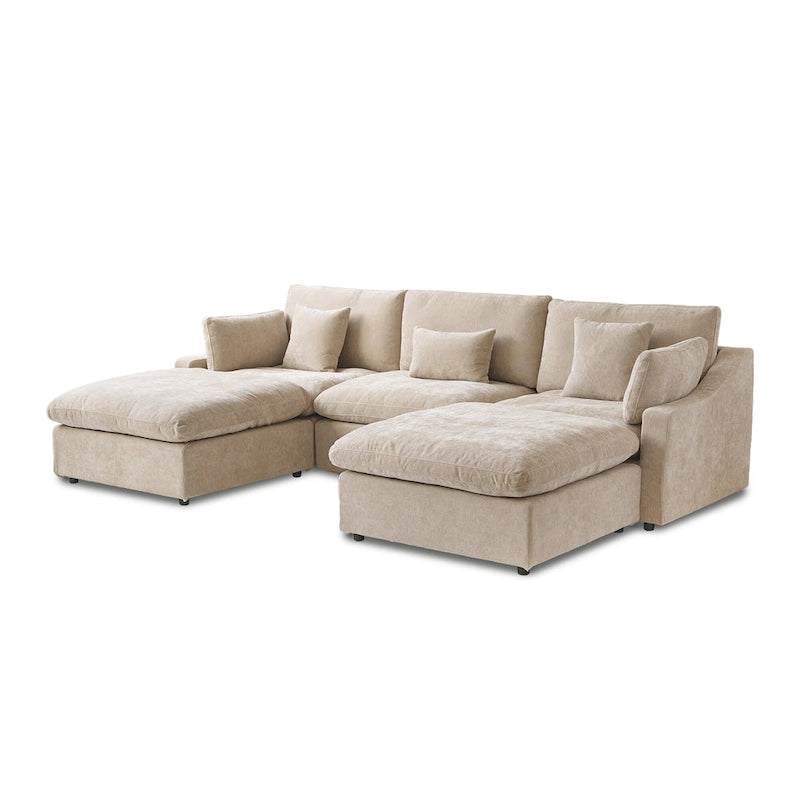 Divano componibile modulare classico moderno in lino a 3 posti con 2 pouf, divano a nuvola imbottito in piuma a forma di U con cuscini