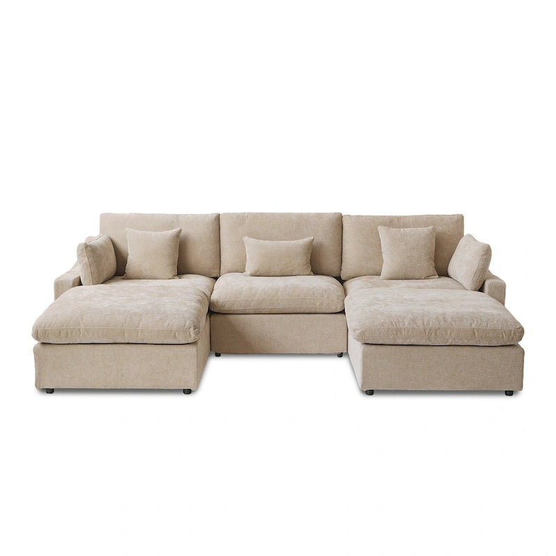 Divano componibile modulare classico moderno in lino a 3 posti con 2 pouf, divano a nuvola imbottito in piuma a forma di U con cuscini