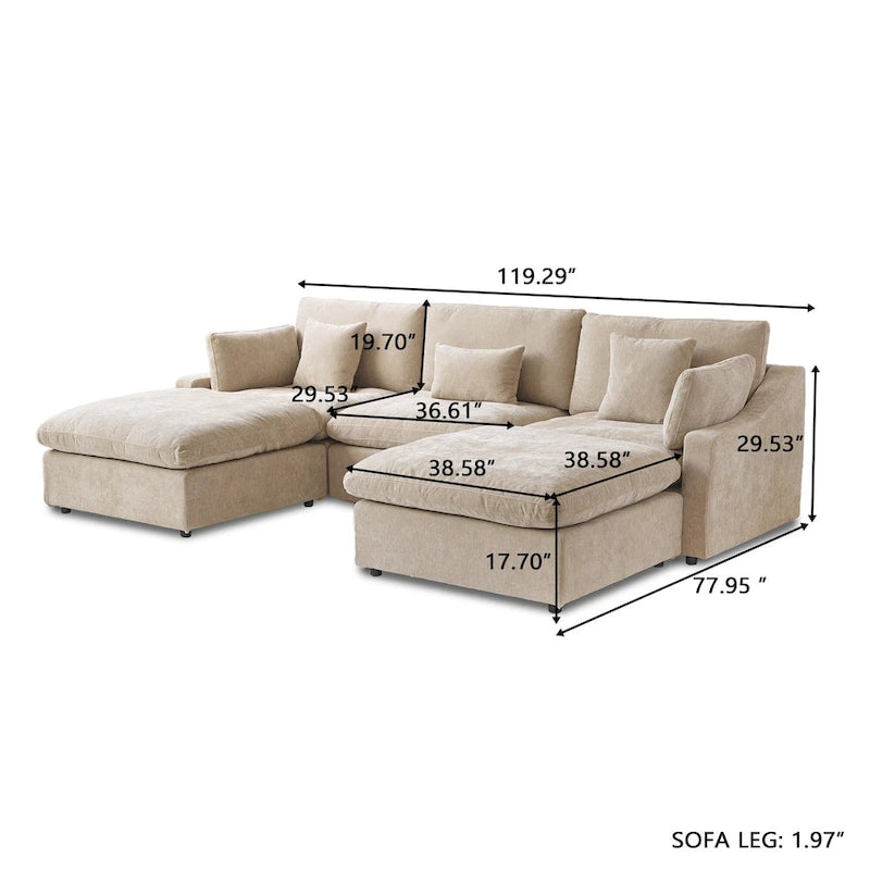 Divano componibile modulare classico moderno in lino a 3 posti con 2 pouf, divano a nuvola imbottito in piuma a forma di U con cuscini