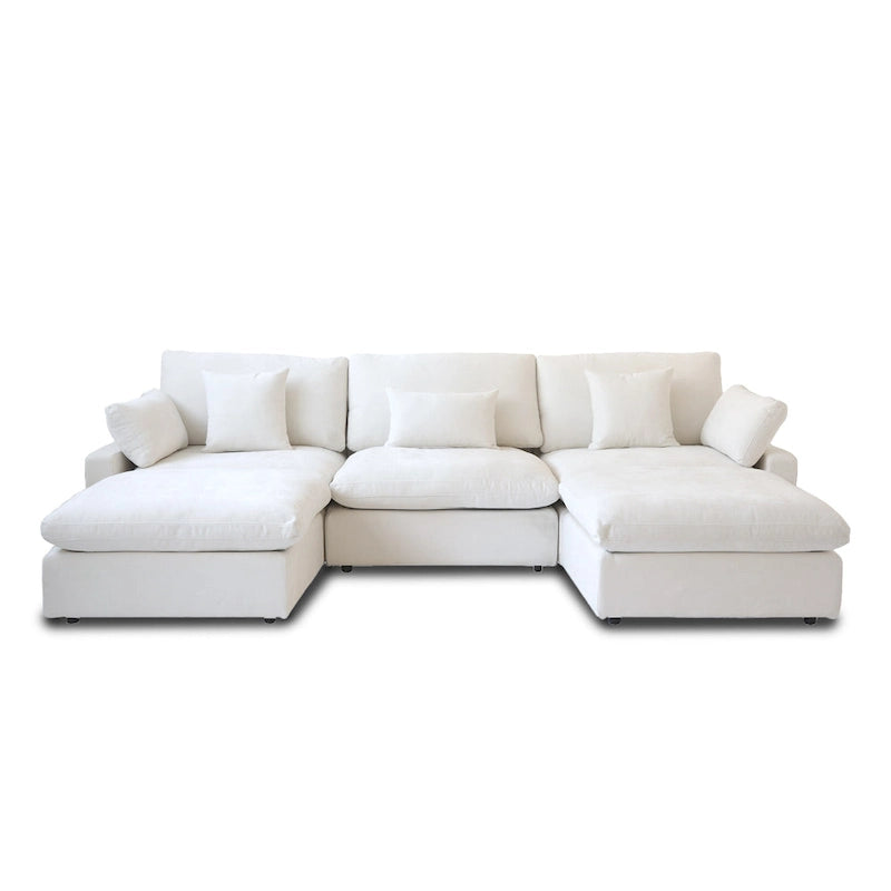 Divano componibile modulare classico moderno in lino a 3 posti con 2 pouf, divano a nuvola imbottito in piuma a forma di U con cuscini
