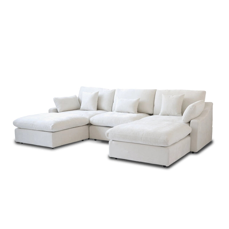 Divano componibile modulare classico moderno in lino a 3 posti con 2 pouf, divano a nuvola imbottito in piuma a forma di U con cuscini