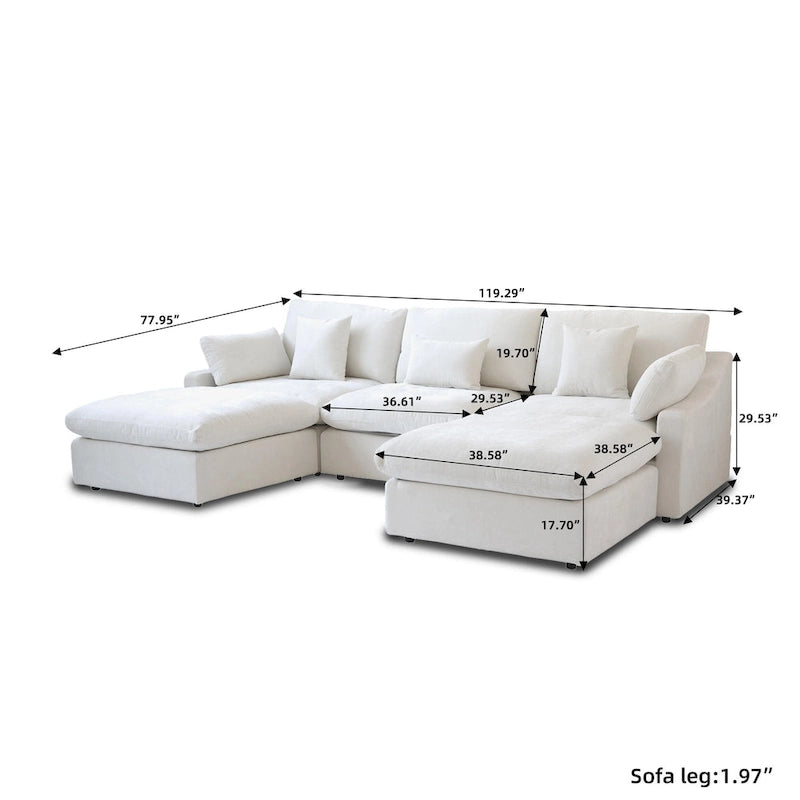 Divano componibile modulare classico moderno in lino a 3 posti con 2 pouf, divano a nuvola imbottito in piuma a forma di U con cuscini