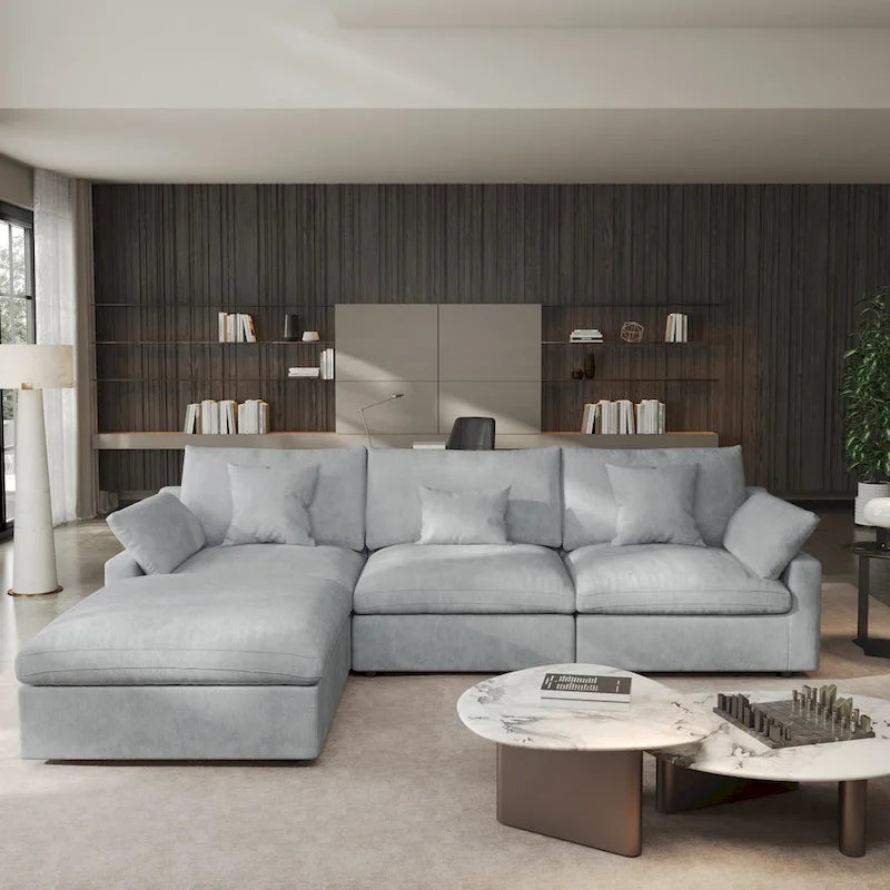 Divano angolare in lino minimalista Cloud Couch, divano a L con seduta profonda e cuscini