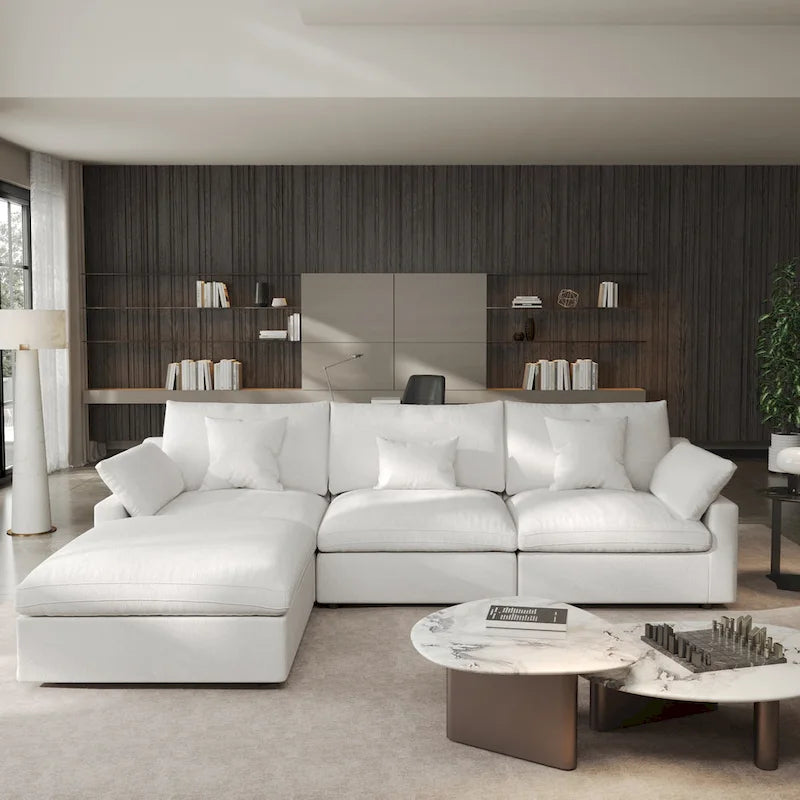 Divano angolare in lino minimalista Cloud Couch, divano a L con seduta profonda e cuscini