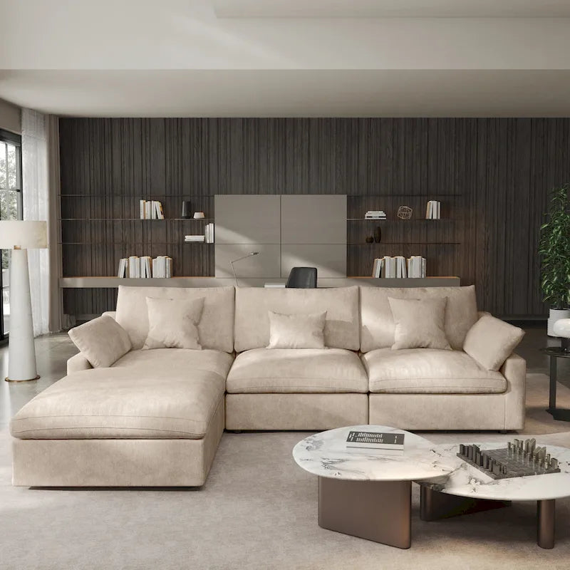 Divano angolare in lino minimalista Cloud Couch, divano a L con seduta profonda e cuscini