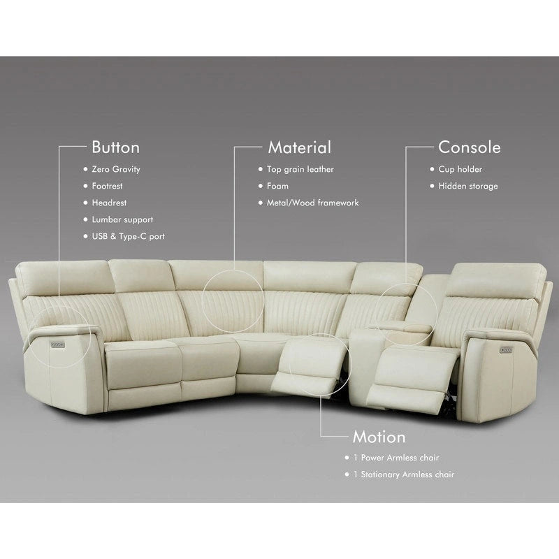 Sectionnel inclinable électrique 105 W en cuir véritable avec console simple, ports USB et USB-C, 1 fauteuil électrique sans accoudoirs