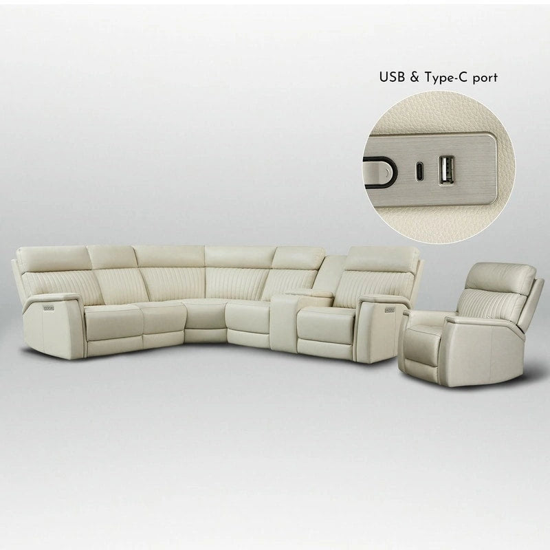 Sectionnel inclinable électrique 105 W en cuir véritable avec console simple, ports USB et USB-C, 1 fauteuil électrique sans accoudoirs