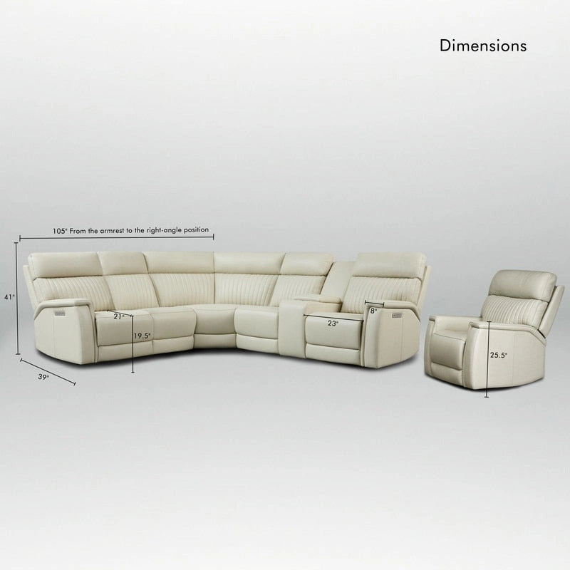 Sectionnel inclinable électrique 105 W en cuir véritable avec console simple, ports USB et USB-C, 1 fauteuil électrique sans accoudoirs