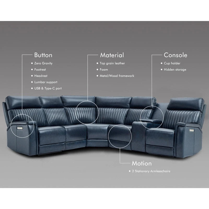 Sectionnel inclinable électrique 105 W en cuir véritable avec console simple, ports USB et USB-C, 1 fauteuil électrique sans accoudoirs