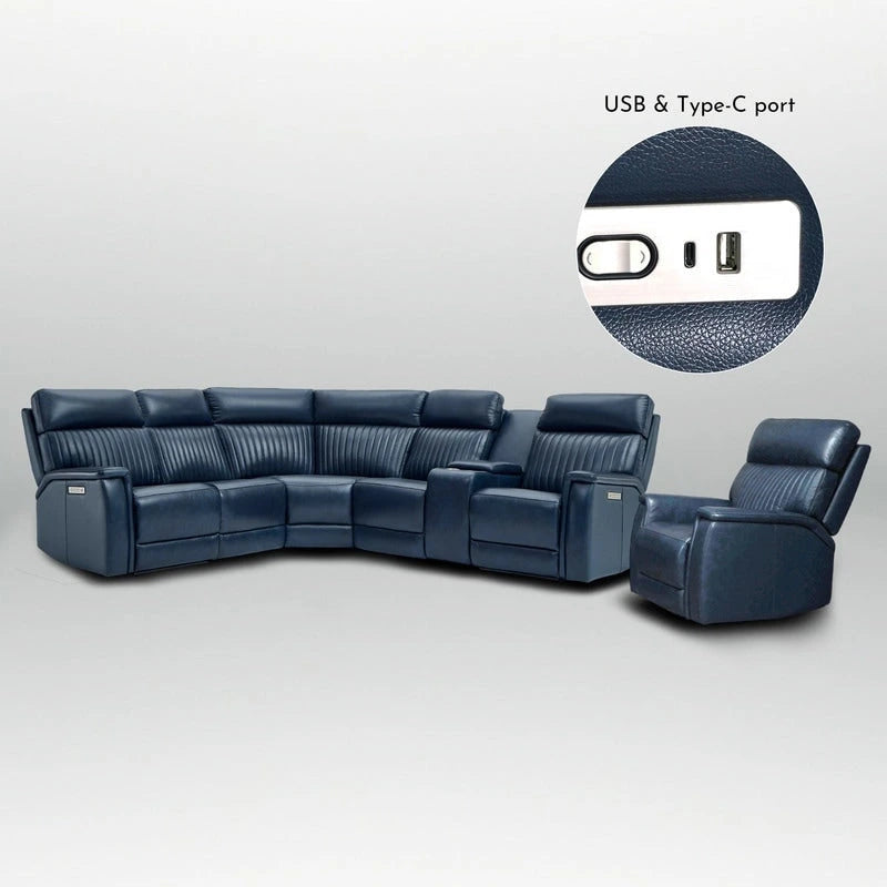Sectionnel inclinable électrique 105 W en cuir véritable avec console simple, ports USB et USB-C, 1 fauteuil électrique sans accoudoirs