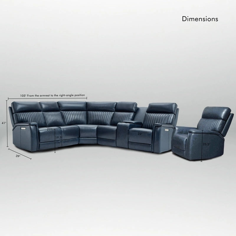 Sectionnel inclinable électrique 105 W en cuir véritable avec console simple, ports USB et USB-C, 1 fauteuil électrique sans accoudoirs