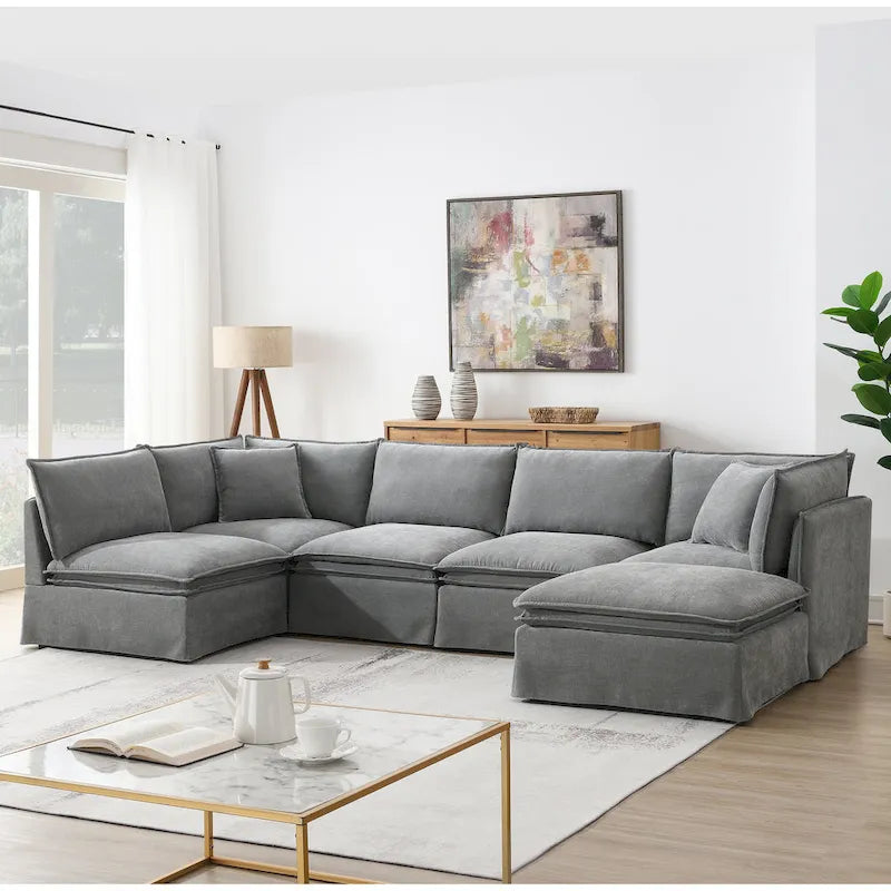 Divano sezionale modulare a L in ciniglia con pouf mobile