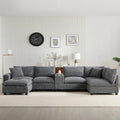 Divano a U in ciniglia con pouf, console, portabicchieri, seduta ampia, USB