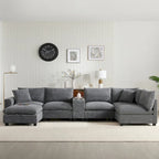 Divano a U in ciniglia con pouf, console, portabicchieri, seduta ampia, USB