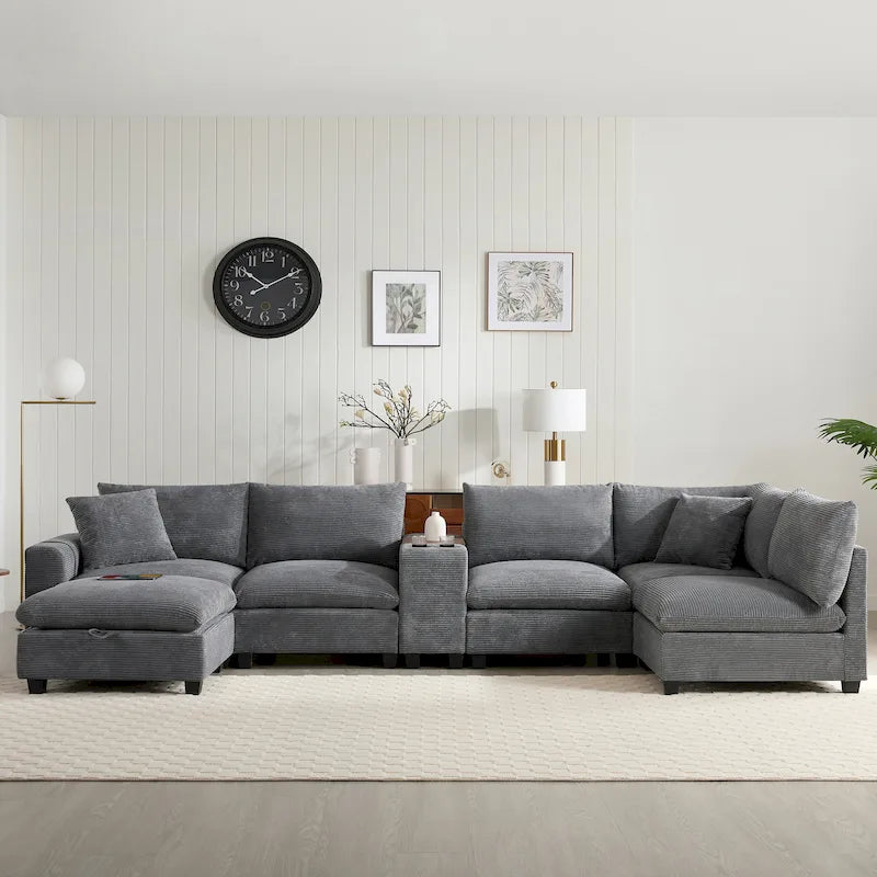 Divano a U in ciniglia con pouf, console, portabicchieri, seduta ampia, USB