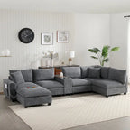 Divano a U in ciniglia con pouf, console, portabicchieri, seduta ampia, USB