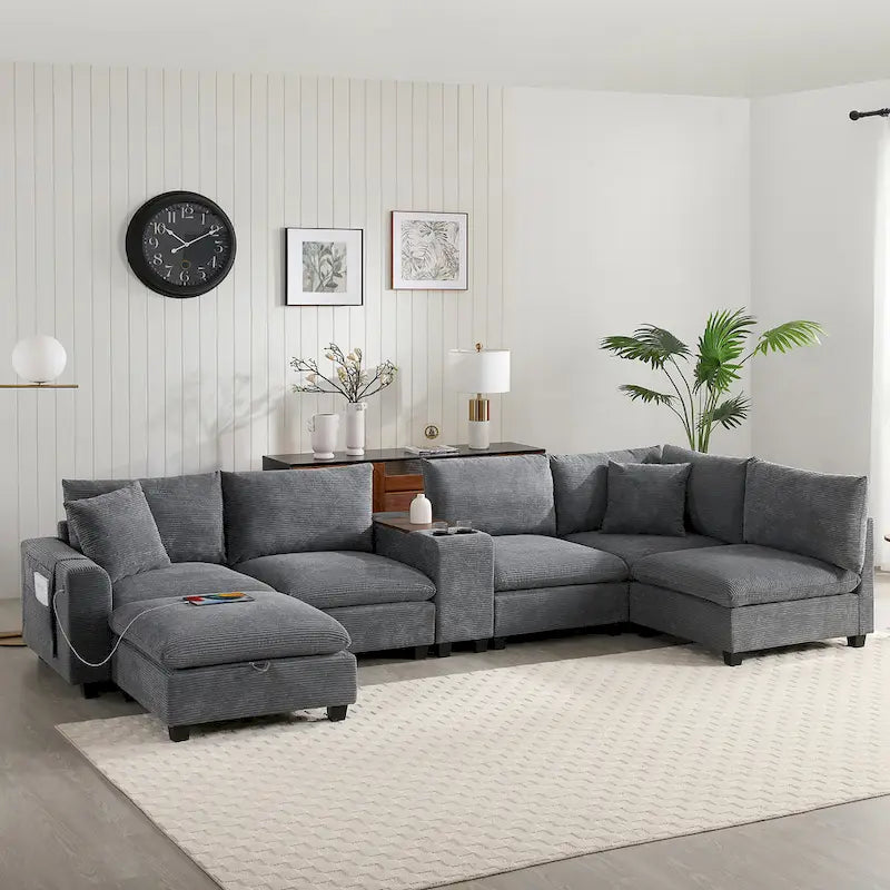 Divano a U in ciniglia con pouf, console, portabicchieri, seduta ampia, USB