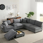 Divano a U in ciniglia con pouf, console, portabicchieri, seduta ampia, USB