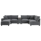 Divano a U in ciniglia con pouf, console, portabicchieri, seduta ampia, USB