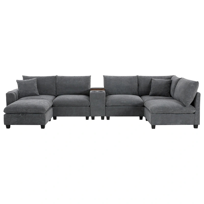 Divano a U in ciniglia con pouf, console, portabicchieri, seduta ampia, USB